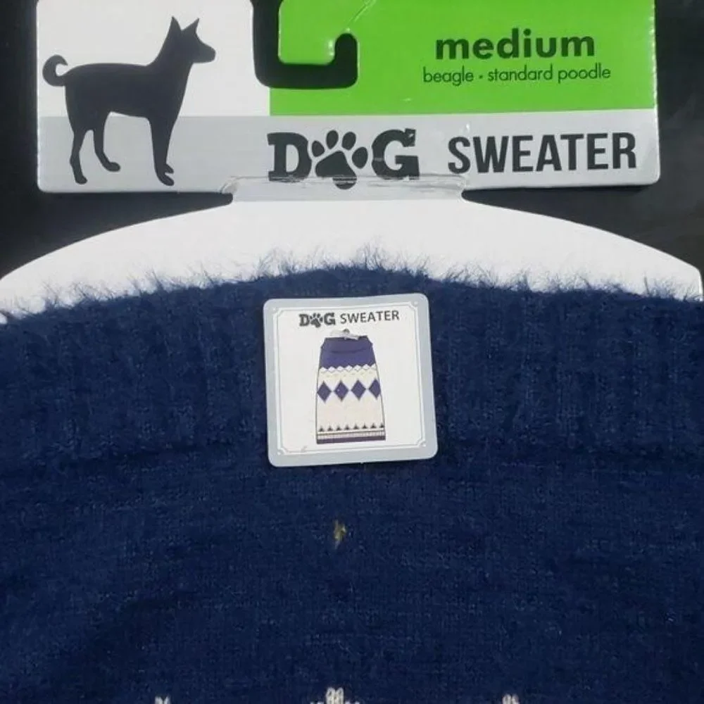 Knit blue tan yellow dog‎ sweater diamond fuzzy